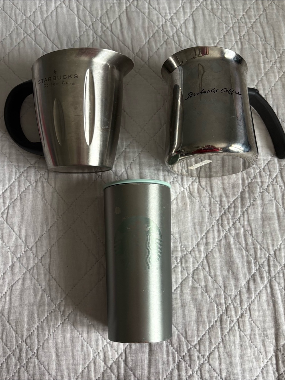 Starbucks Silver and Teal Travel Tumbler and Two Stainless Milk Pitchers